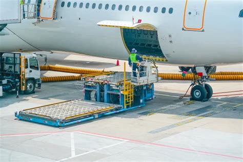 baggage handlers unloading luggage from aircraft cargo hold at airport ramp