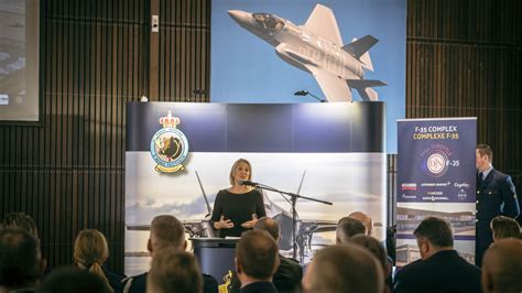 Belgian Minister of Defense Ludivine Dedonder at an F-35 briefing