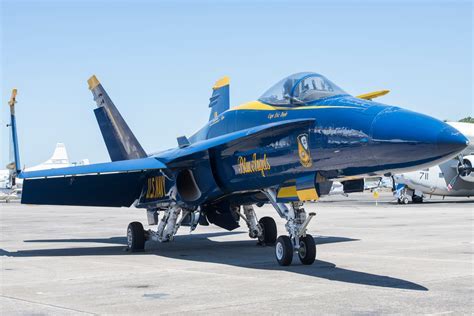 Blue Angels F/A-18E in signature blue and gold paint scheme performing aerial maneuvers
