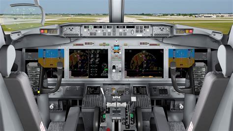 Boeing 737-700 glass cockpit with digital flight displays and avionics panels