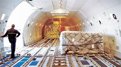 Boeing 747-8F cargo deck interior configured for high-density freight