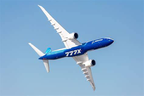 Boeing 777-9 test aircraft performing first production flight