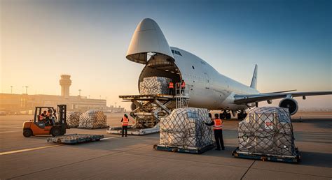 boeing 777f cargo aircraft unloading at international airport at sunset