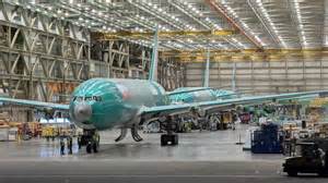 Boeing 777X assembly line at Everett with completed fuselage and wing sections in final integration stage
