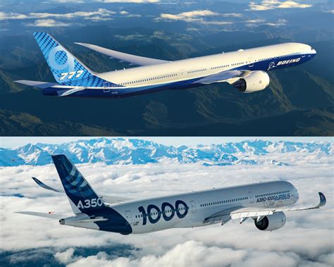 boeing 777x parked beside airbus a350f at european airshow