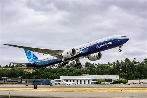 Boeing 777X taking off during resumed 2025 flight testing