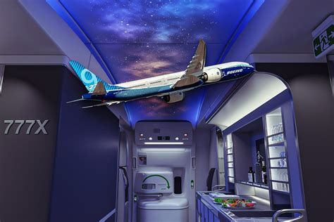 boeing 777x window view showing larger Dreamliner-style panes and mood lighting