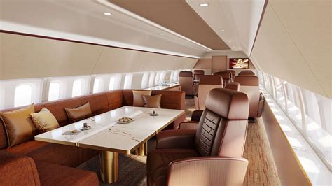Boeing 787 BBJ cabin with wave-themed design and wood accents