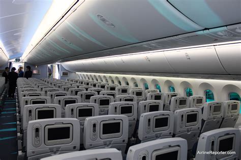 Boeing 787 Dreamliner cabin mood lighting and large windows passenger view
