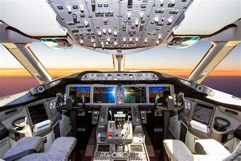 Boeing 787 Dreamliner cockpit with airline captain preparing for international departure