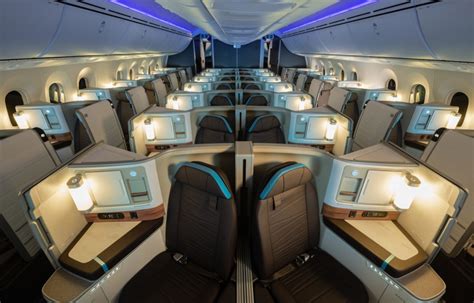 Boeing 787 Dreamliner long haul cabin with mood lighting during overnight flight