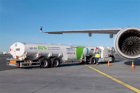 Boeing 787 Dreamliner refueling with sustainable aviation fuel tanker truck