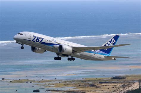 Boeing 787 in-flight with ocean and clouds background highlighting wing flex