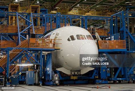 Boeing 787 production line in Everett showing aircraft under final assembly
