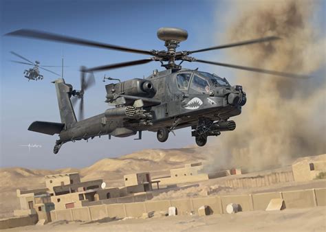 Boeing AH-64 Apache attack helicopter flying low over desert battlefield