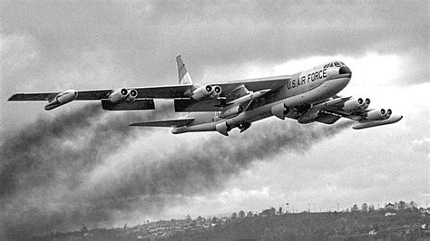 Boeing B-52 Stratofortress beside Convair B-36 during early Cold War bomber transition
