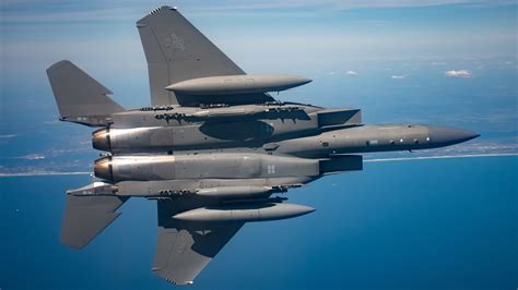 Boeing F-15EX Eagle II carrying multiple air-to-air missiles during flight