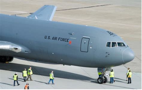 Boeing KC-46 production line assembly interior with fuselage sections