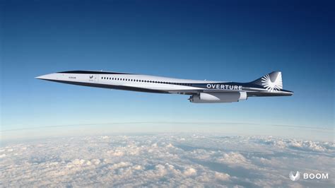 Boom Overture supersonic aircraft concept flying above clouds at sunset
