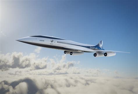 Boom Supersonic Overture jet concept runway dusk lighting