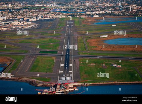 Boston Logan International Airport runway view overlooking Boston Harbor