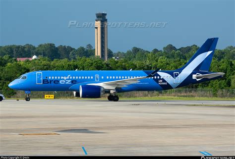 Breeze Airways Airbus A220-300 arriving at Myrtle Beach International Airport in South Carolina
