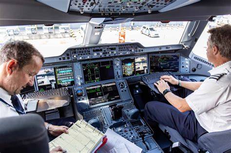 British Airways Airbus A350 cockpit with European airline pilots during long-haul operations