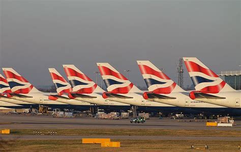 British Airways aircraft lineup at Heathrow Terminal 5 during peak transatlantic operations