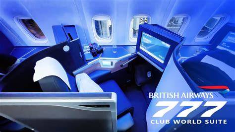 British Airways Club World business class cabin with lie-flat seats on a long-haul aircraft