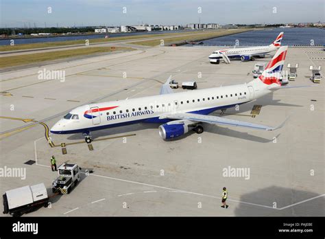 british airways embraer at london city airport preparing for madrid flight
