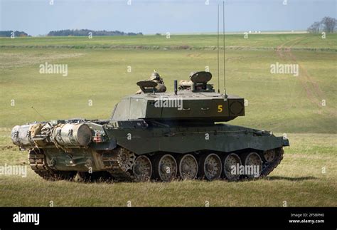 British Army Challenger 2 tanks during live fire exercise on Salisbury Plain