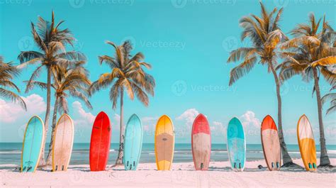 british family relaxing on sarasota beach with sun hats and surfboards under palm trees