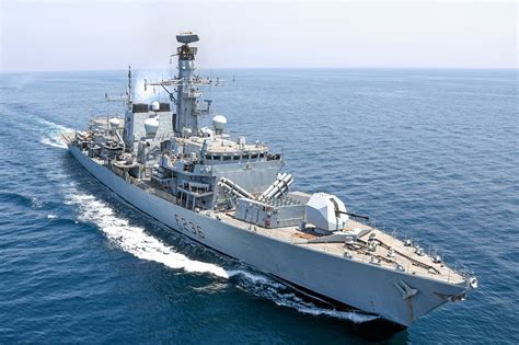 British Royal Navy Type 23 Frigate docked at UK Naval Support Facility in Bahrain