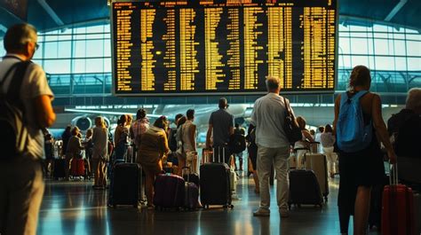 Busy airport departure board with passengers during peak summer travel and higher airfare demand