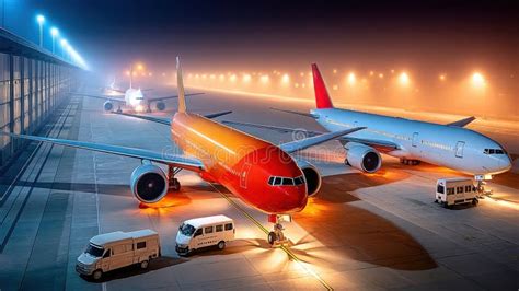 busy airport ramp at night with multiple catering and ground support vehicles around aircraft