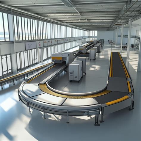 Busy European airport baggage conveyor system with connecting international luggage
