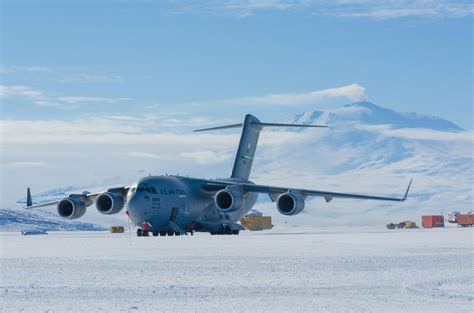C-17 Globemaster unloading cargo at Antarctic McMurdo Station