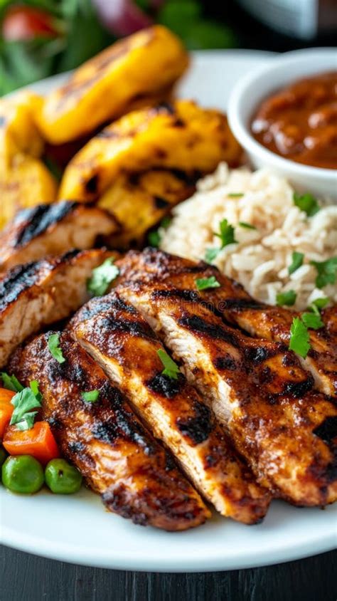 Caribbean street food stall with jerk chicken and grilled plantains served on banana leaves