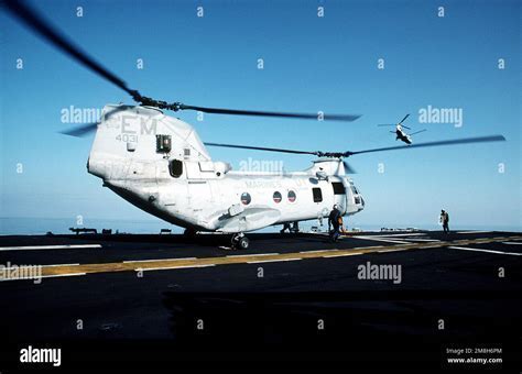 CH-46 Sea Knight preparing for takeoff from amphibious assault ship deck during Gulf War
