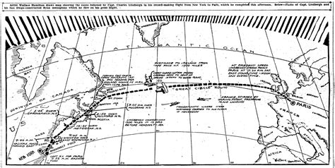 Charles Lindbergh transatlantic flight navigation chart with nautical mile routes