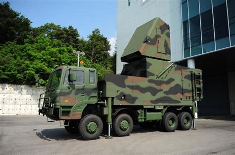 Cheongung II X-band radar vehicle scanning sky during missile defense exercise