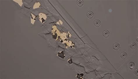 Close-up Airbus A350 paint peeling with exposed lightning protection layer