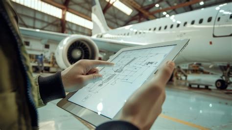 Close-up of a Boeing engineer in Texas examining complex aircraft schematics on a digital tablet