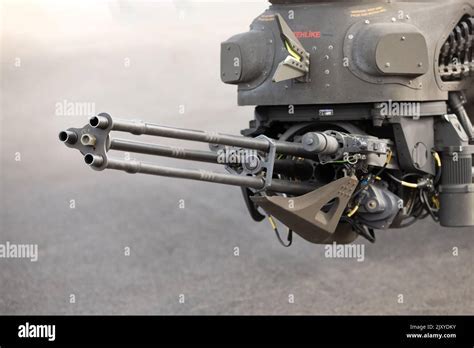 Close-up of Agusta A129’s M197 cannon turret and Spike-ER missile system.