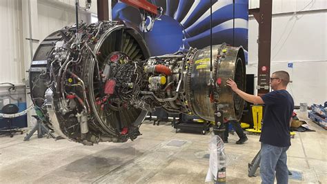 Close-up of LEAP-1B engine on Boeing 737 MAX wing at maintenance facility