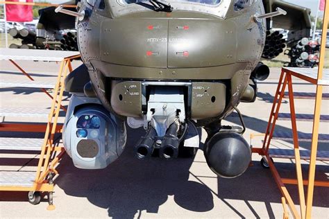 Close-up of Mil Mi-28NE cockpit avionics and weapon systems