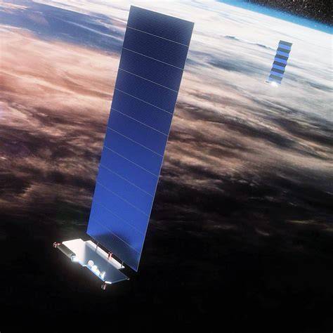 close-up Starlink satellite with flat solar panels and compact communications hardware