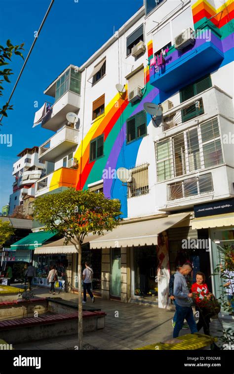 Colorful buildings in the Blloku district of Tirana, Albania