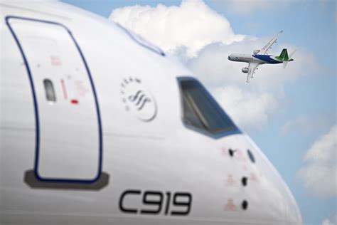 Comac C919 narrowbody aircraft at a Shanghai assembly facility during final production checks
