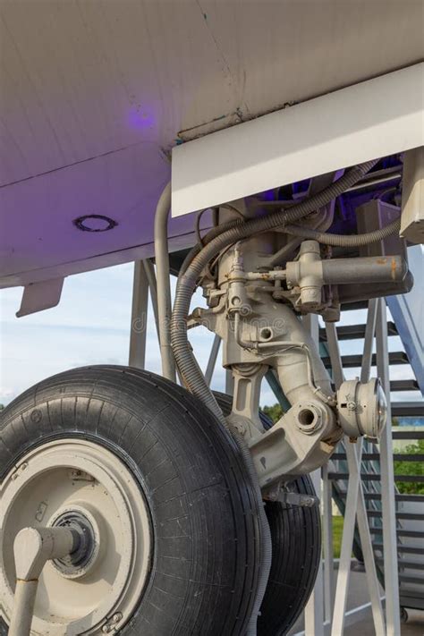 commercial aircraft landing gear hydraulic system exposed during maintenance